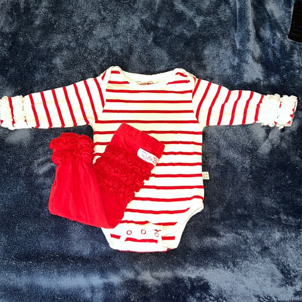 Ruffle Butts Red and white stripe bodysuit with matching ruffled red leggings